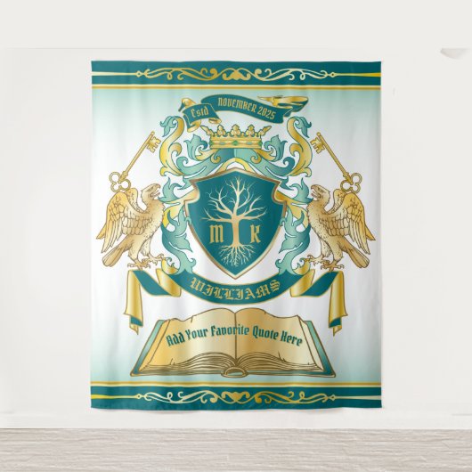 独自のエンブレムを作成ツリーブック鍵クラウン金ゴールドジェイド タペストリー (正面)