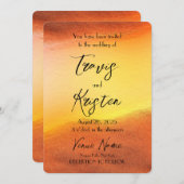 独自のオレンジカスタム色の背景を作結婚成 招待状 (正面/裏面)