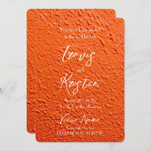 独自のオレンジ色のテクスチャを結婚作成 招待状 (正面/裏面)