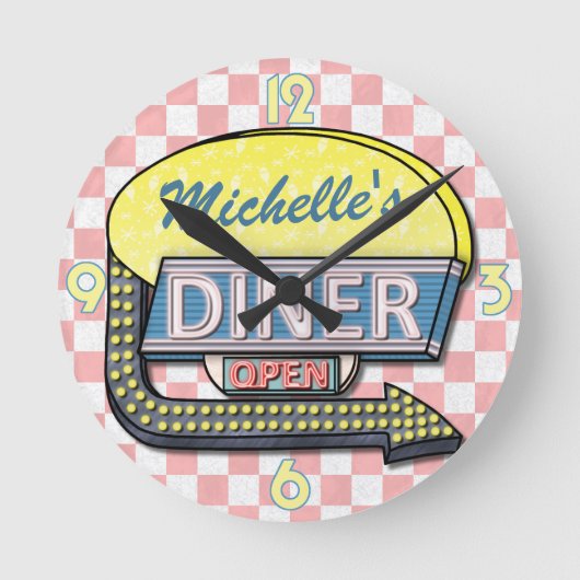 独自のカスタムレトロ50のダイナーサインを作成2 ラウンド壁時計 (正面)