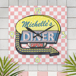 独自のカスタムレトロ50のダイナーサインを作成4 スクエア壁時計