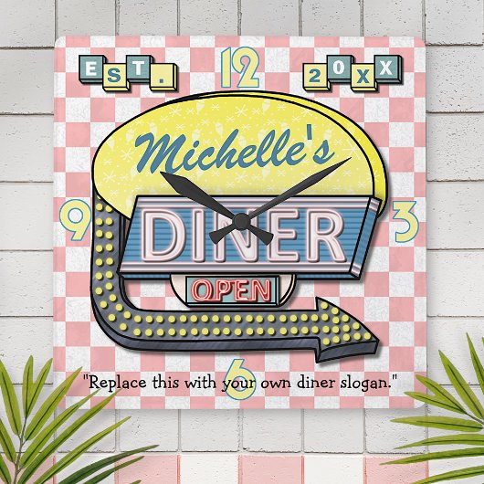 独自のカスタムレトロ50のダイナーサインを作成 スクエア壁時計