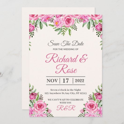 独自のカスタム結婚式招待状カードの作成 招待状 (正面/裏面)