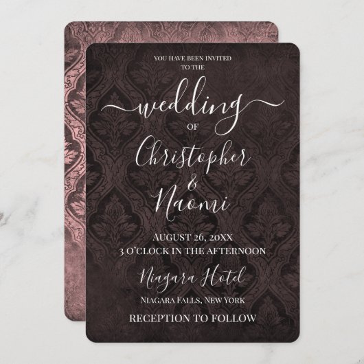 独自のゴシック様式のダマスク素朴パターンを作成 招待状 (正面/裏面)