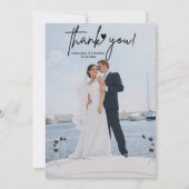 独自のシックなエレガントスクリプト写真の結婚作成 サンキューカード (正面)