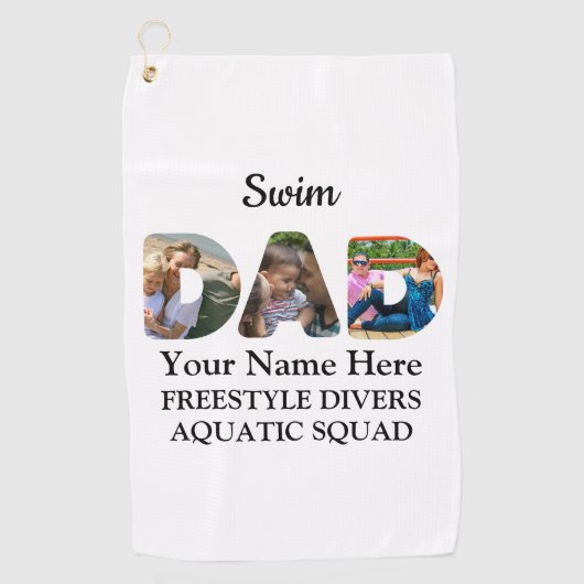 独自のスポーツパパフォトコラージュを作成するスイムパパ ゴルフタオル (正面)