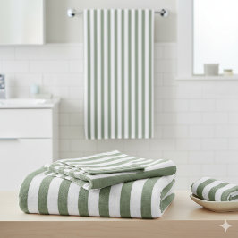 独自のセージ緑の白いパターンを作成ストライプのする バスタオルセット
