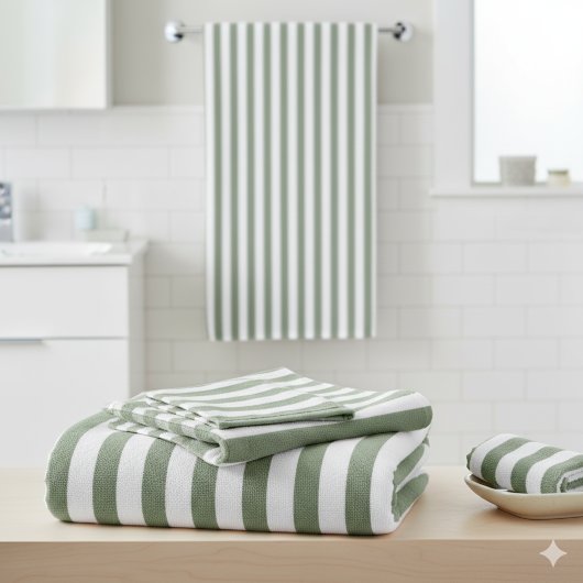 独自のセージ緑の白いパターンを作成ストライプのする バスタオルセット