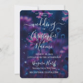 独自のダークブルーとピンクの花を作成結婚する 招待状 (正面)