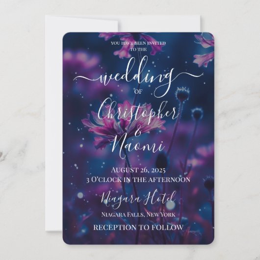独自のダークブルーとピンクの花を作成結婚する 招待状 (正面)