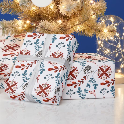 独自のノルディックレッド&ブルーフローラモチーフの作成 ラッピングペーパー (クリスマス)