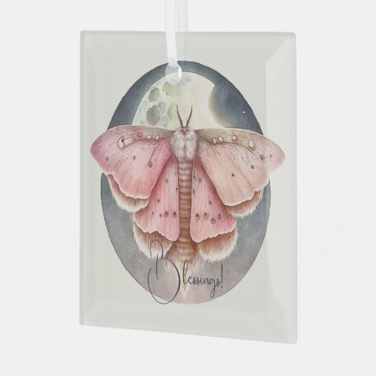独自のピンクの満月の蛾を作成 ガラスオーナメント (正面左)