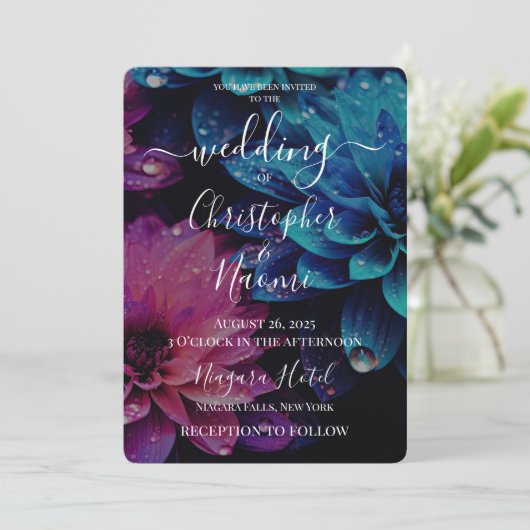 独自のピンク鮮やかと青の花を作成 招待状 (スタンド正面)