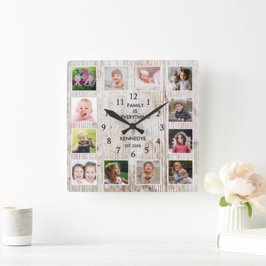 独自のファミリ名を作成する12フォトコラージフレーム スクエア壁時計 (ホーム)