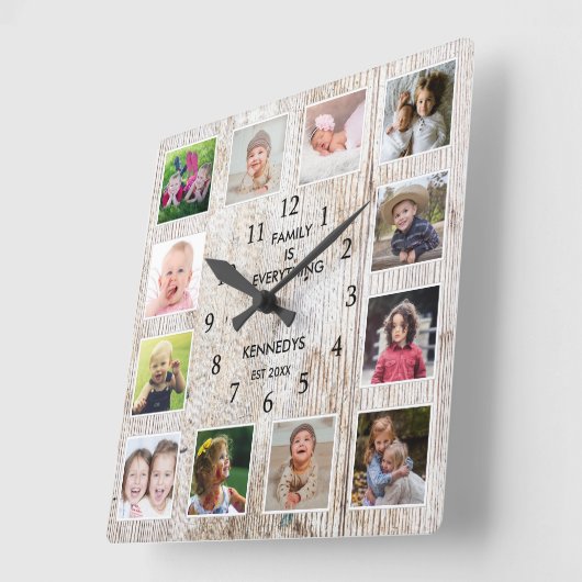 独自のファミリ名を作成する12フォトコラージフレーム スクエア壁時計 (傾斜)