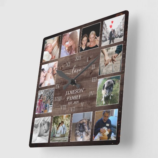 独自のフォトコラージュを作成する木材ローマ数字 スクエア壁時計 (傾斜)