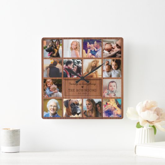 独自のフォトコラージュ素朴を作成する スクエア壁時計 (ホーム)