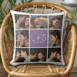 独自のフォトコラージュ結婚モノグラムの作成 クッション<br><div class="desc">ナス紫と白の背景 – 8の正方形の写真を使用して個人的な記念日ユニークのギフトを作成する。新郎新婦のイニシャルと日付を追加。変更を加えるもしには、ツールの写真やモノグラクリックムを調整する必要がある。</div>