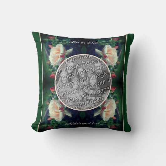独自のフォト桃のバラと芽のフレームを作成 クッション (正面)