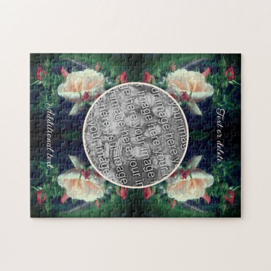 独自のフォト桃のバラと芽のフレームを作成 ジグソーパズル (横)