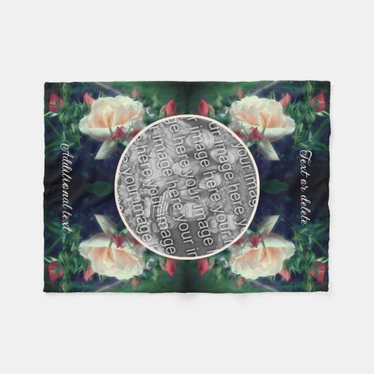 独自のフォト桃のバラと芽のフレームを作成 フリースブランケット (正面(横))