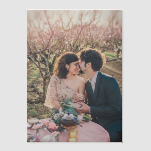 独自のフォト結婚式招待状オーバーレイの作成 ベラム紙招待状 (正面)