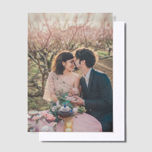 独自のフォト結婚式招待状オーバーレイの作成 ベラム紙招待状 (オフセット)