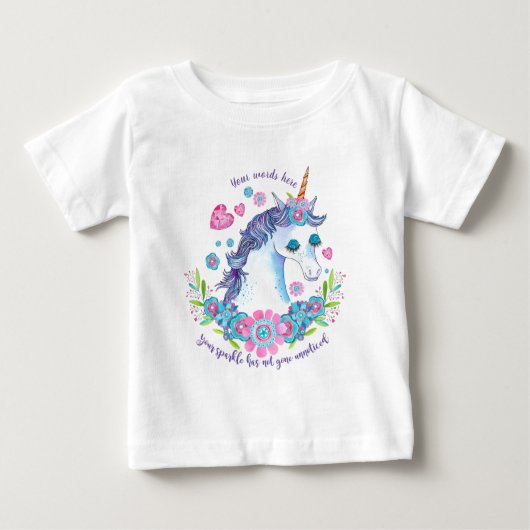 独自のフローラスパークリーUnicornと花を作成 ベビーTシャツ (正面)