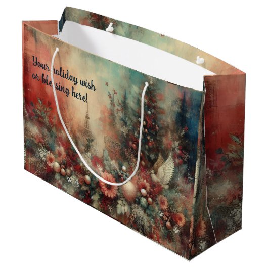 独自のフローラビクトリアンクリスマス鳩の作成 ラージペーパーバッグ (裏面アングル)