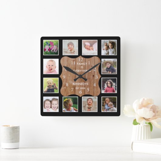 独自のブラック12フォトコラージュ木材を作成 スクエア壁時計 (ホーム)