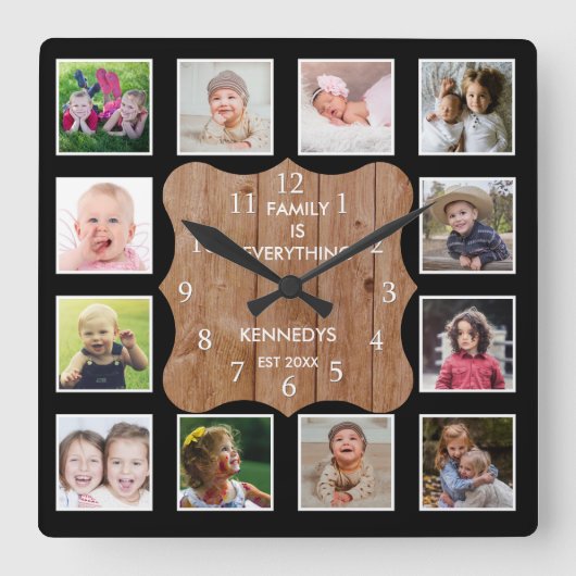 独自のブラック12フォトコラージュ木材を作成 スクエア壁時計 (正面)