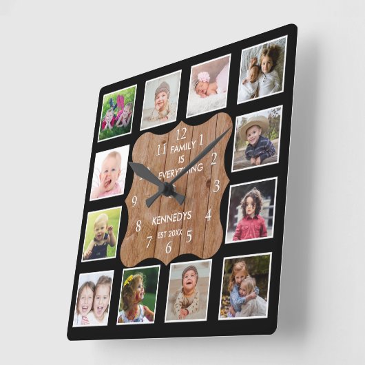 独自のブラック12フォトコラージュ木材を作成 スクエア壁時計 (傾斜)