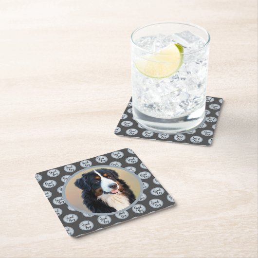 独自のペットポートレートフォトグレイのモダン作成 スクエアペーパーコースター (インサイチュ)