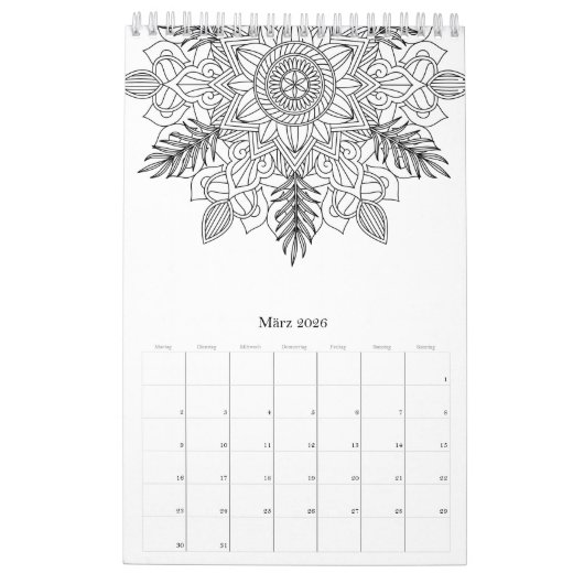 独自のマンダラパターンを色付け カレンダー (3月 2026)