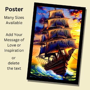 独自のメッセージを追加するBrown Pirate Sailing Ship Po ポスター