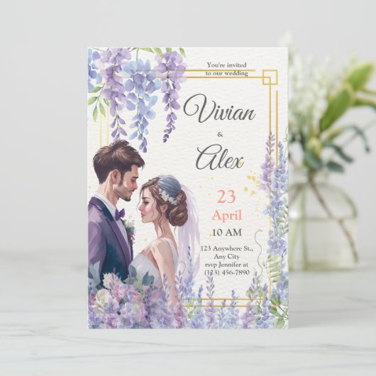 独自のラベンダーウォーターカラーフローラの結婚作成 招待状 (スタンド正面)