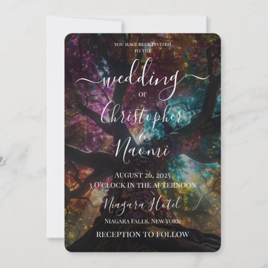 独自のレインボーカラフルツリーの結婚作成 招待状 (正面)