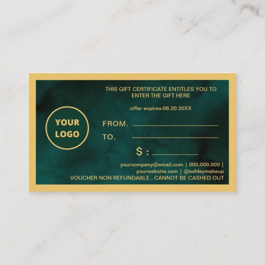 独自のロゴを作成する予算金ゴールドギフト証明書 エンクロージャーカード (裏面)