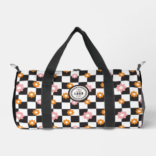 独自のロゴを追加するデイジーFlower Checkerboard ダッフルバッグ