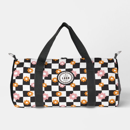 独自のロゴを追加するデイジーFlower Checkerboard ダッフルバッグ (正面)
