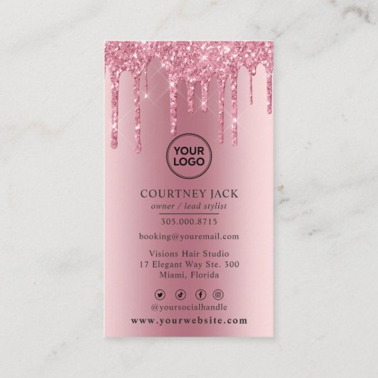 独自のロゴピンクメタリックグリッタードリップ 名刺 (裏面)
