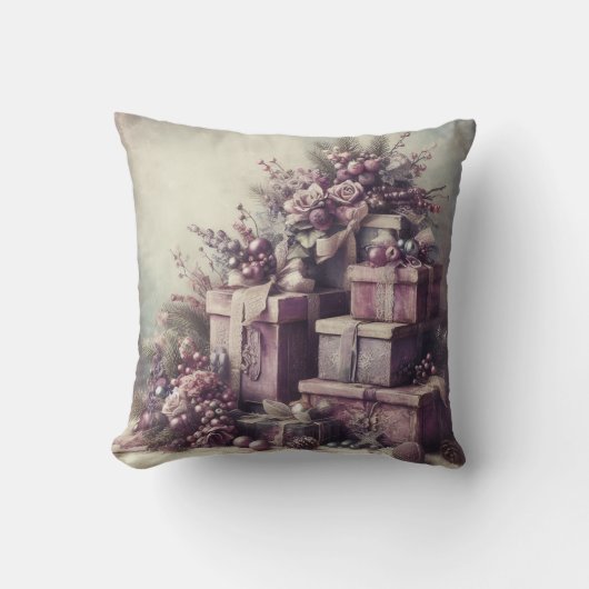 独自のロマンチックなピンクと紫のプレゼント クッション (正面)