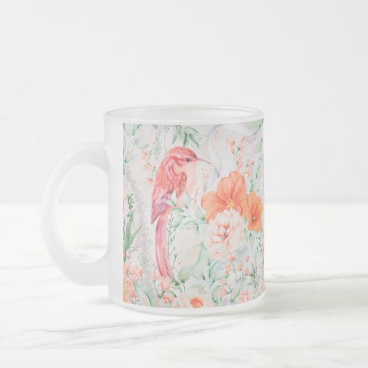 独自のロマンチックな鳥と花を作成 フロストグラスマグカップ (左)