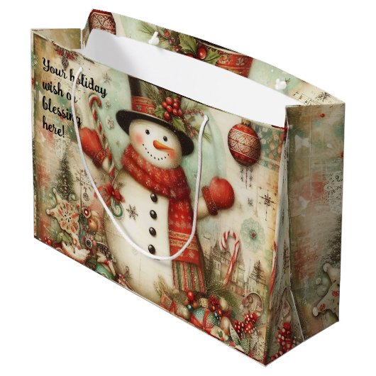 独自のヴィンテージクリスマス雪だるまの作成 ラージペーパーバッグ (裏面アングル)