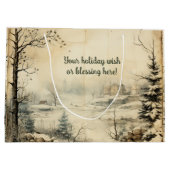 独自のヴィンテージ冬村の風景を作成 ラージペーパーバッグ (裏面)