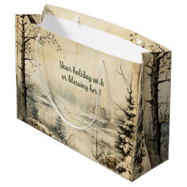 独自のヴィンテージ冬村の風景を作成 ラージペーパーバッグ