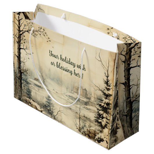 独自のヴィンテージ冬村の風景を作成 ラージペーパーバッグ (裏面アングル)