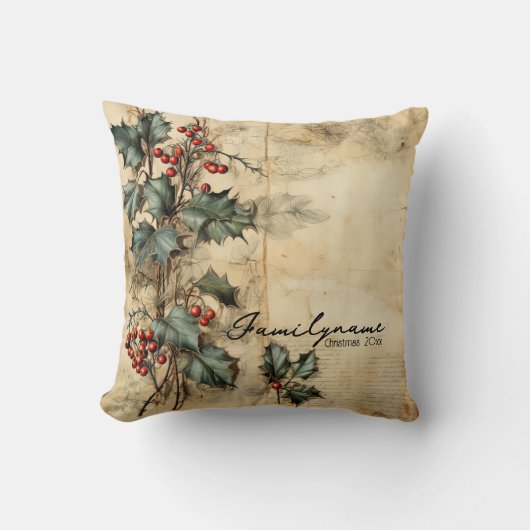 独自のヴィンテージRed & Blue Hollyパーチメントの作成 クッション (正面)