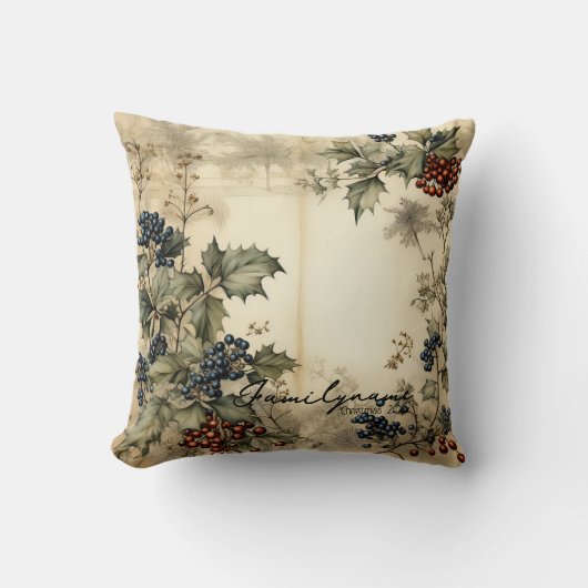 独自のヴィンテージRed & Blue Hollyパーチメントの作成 クッション (正面)