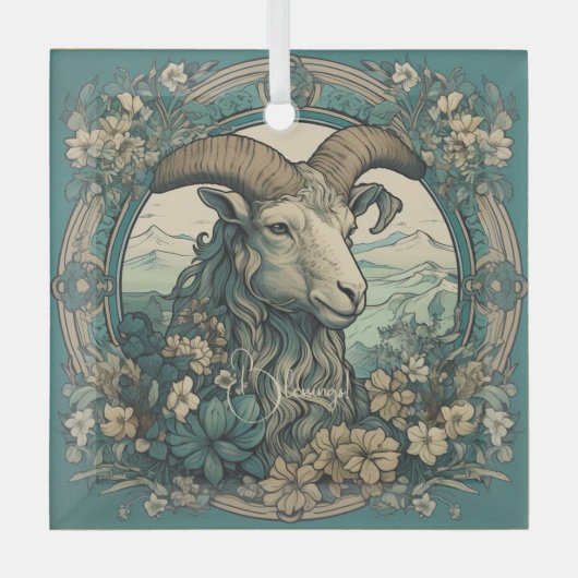 独自の作成アールヌーボー山羊座〔占星術の〕十二宮図 ガラスオーナメント (正面)